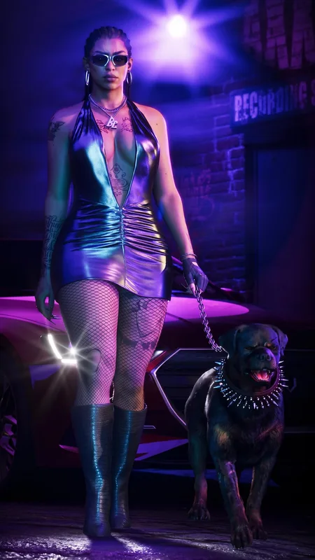 GTA VI Lucia Purple Metallic Dress & Sports Car – High Resolution Smartphone Wallpaper