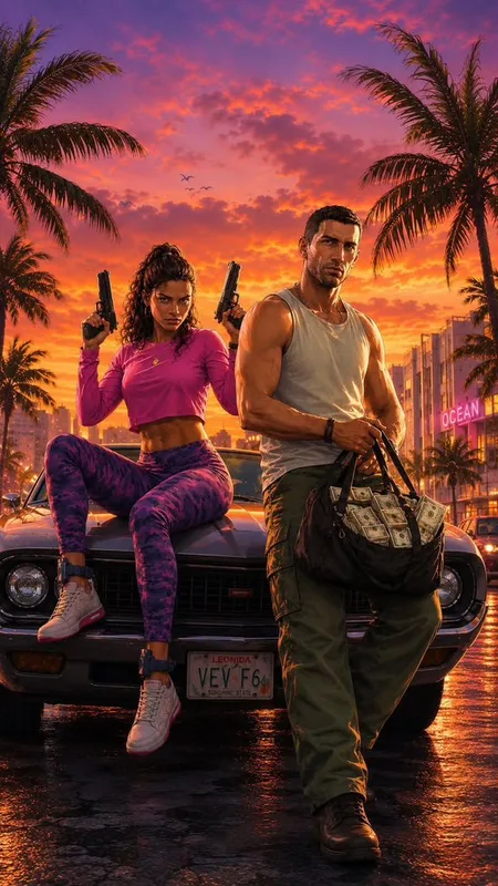 Two Characters in Front of a Sunset Cityscape