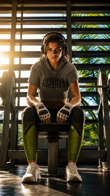 GTA VI Protagonist Lucia Athletic Gym Pose – High Resolution Smartphone Wallpaper