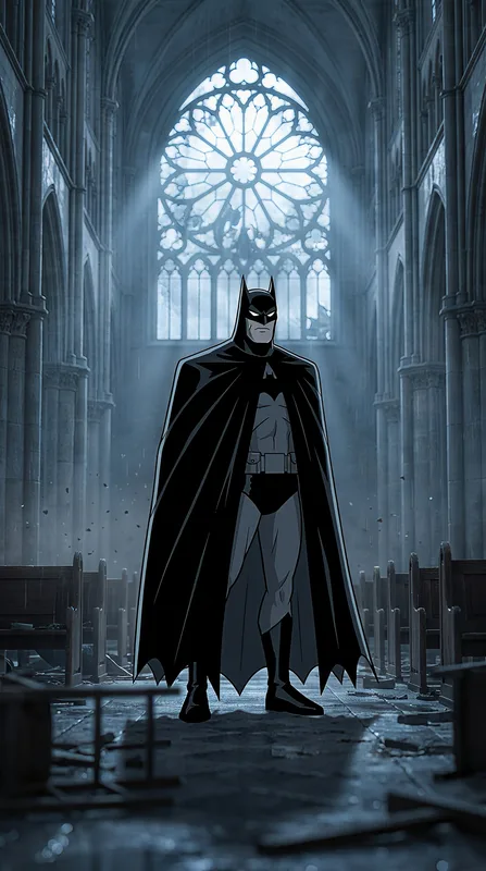 Batman Standing in a Dimly Lit Cathedral