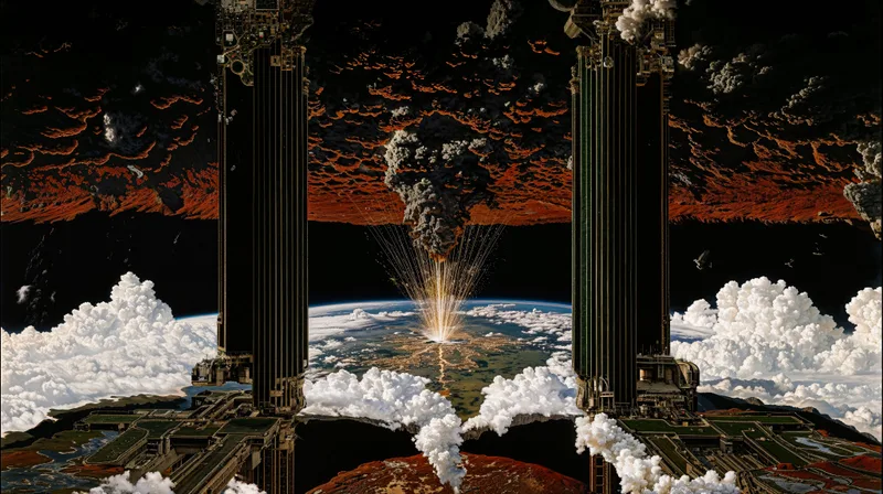 Dystopian Orbital Strike over Clouds and Continent – High Resolution Sci-Fi Wallpaper
