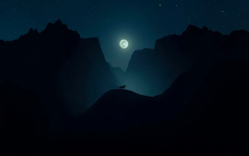 Minimalist Starry Night Sky and Full Moon Wolf – Clean Laptop Wallpaper