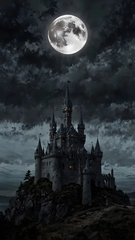 Gothic Castle Full Moon Phone Wallpaper 4K