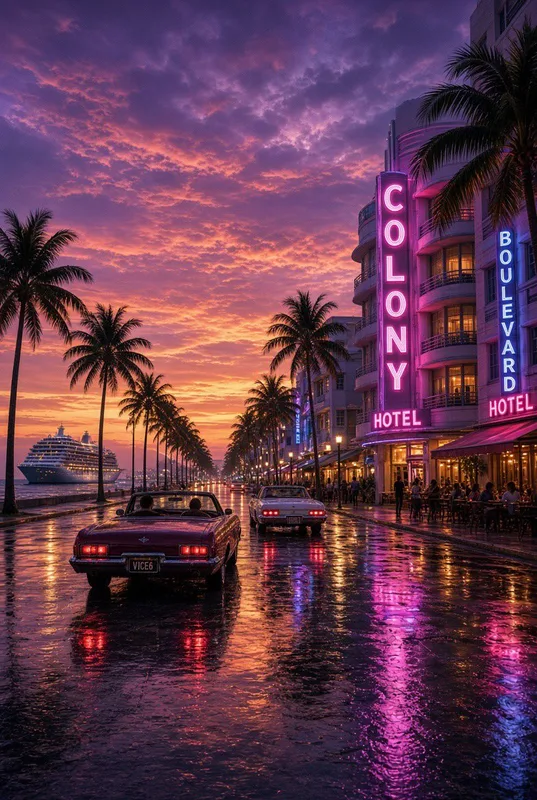 Colorful Sunset Over a Palm-Lined Boulevard