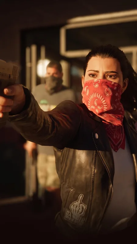 GTA VI Lucia Holding Pistol Leather Jacket – High Resolution Smartphone Wallpaper