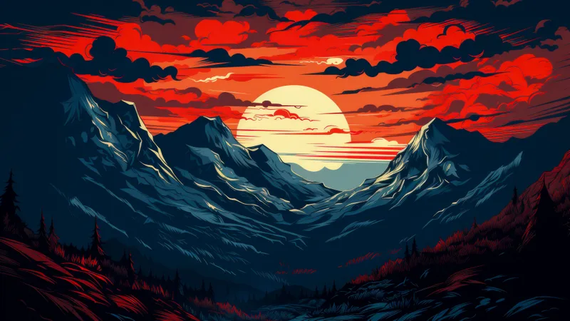 Anime Style Crimson Sunset Mountains – Graphic Art PC Wallpaper HD