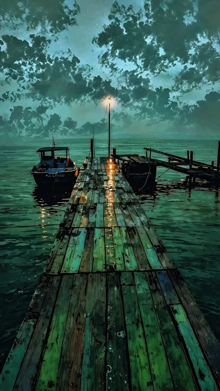 Dreamy Teal Sea Night Landscape – Aesthetic Painting Style Wallpaper 4K