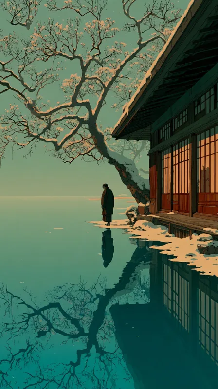 A Figure Standing by a Snow-Covered Lake