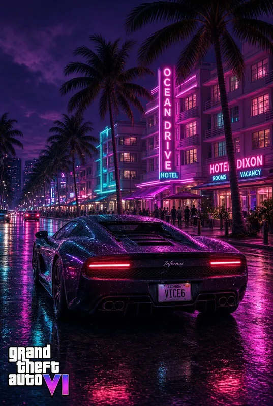 Grand Theft Auto VI Neon Ocean Drive Infernus Car – Mobile Background HD