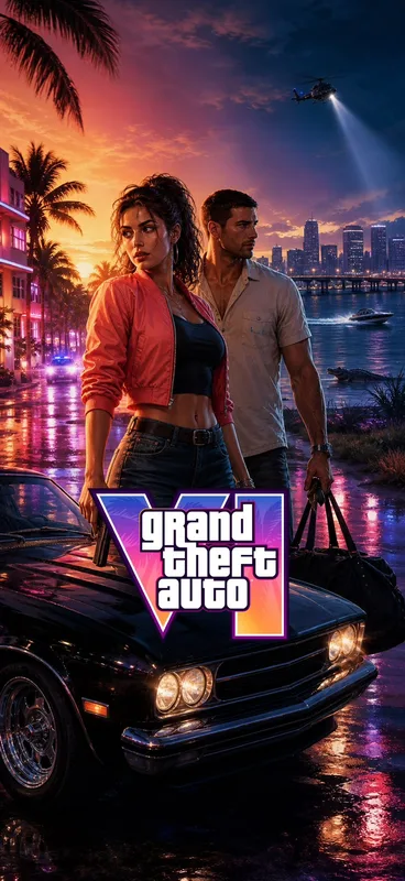 Characters Standing Beside a Classic Car at Sunset
