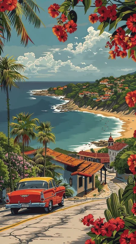 Vintage Car on a Coastal Road with Tropical Flowers