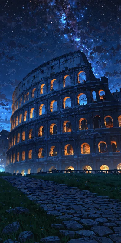 Illuminated Ancient Structure Under a Starry Sky