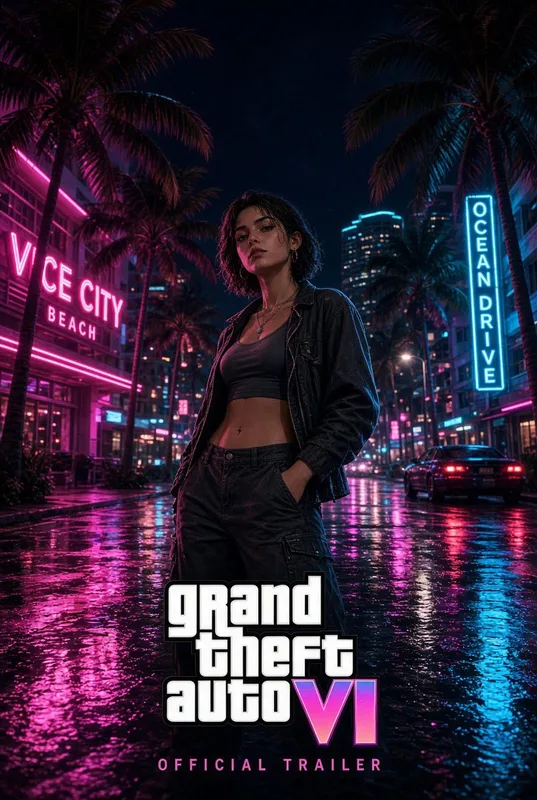 GTA VI Protagonist Lucia Ocean Drive Wet Street – High Resolution Smartphone Wallpaper