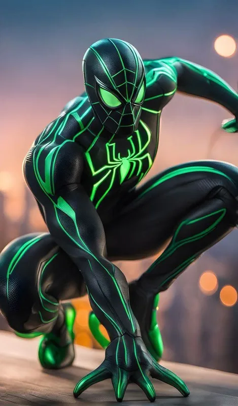 Neon Green Webbed Spider-Man City Sunset – High Resolution Smartphone Wallpaper