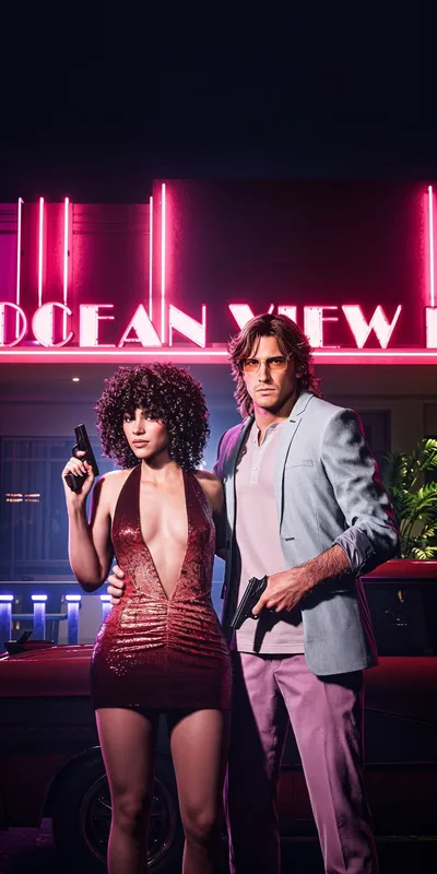 Stylish Duo with Guns in Neon-lit Setting