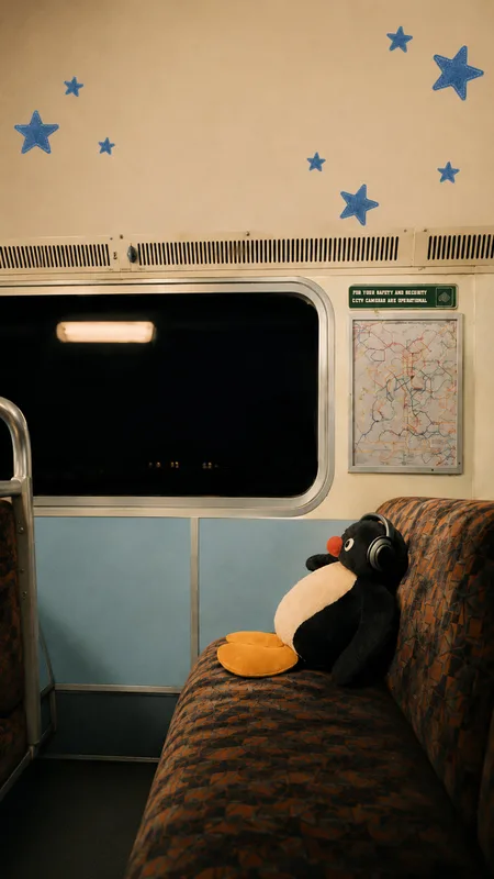 Stuffed Penguin Wearing Headphones on a Train Seat