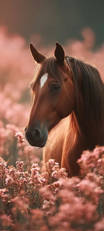 Dreamy Horse Portrait in Soft Pink Floral Meadow Background 4K