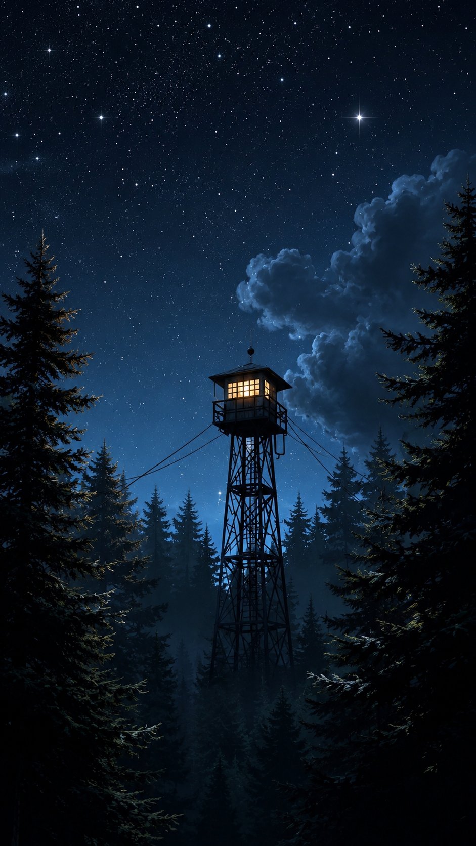 Firewatch Style Lookout Tower in Pine Forest – Aesthetic Night Wallpaper 4K