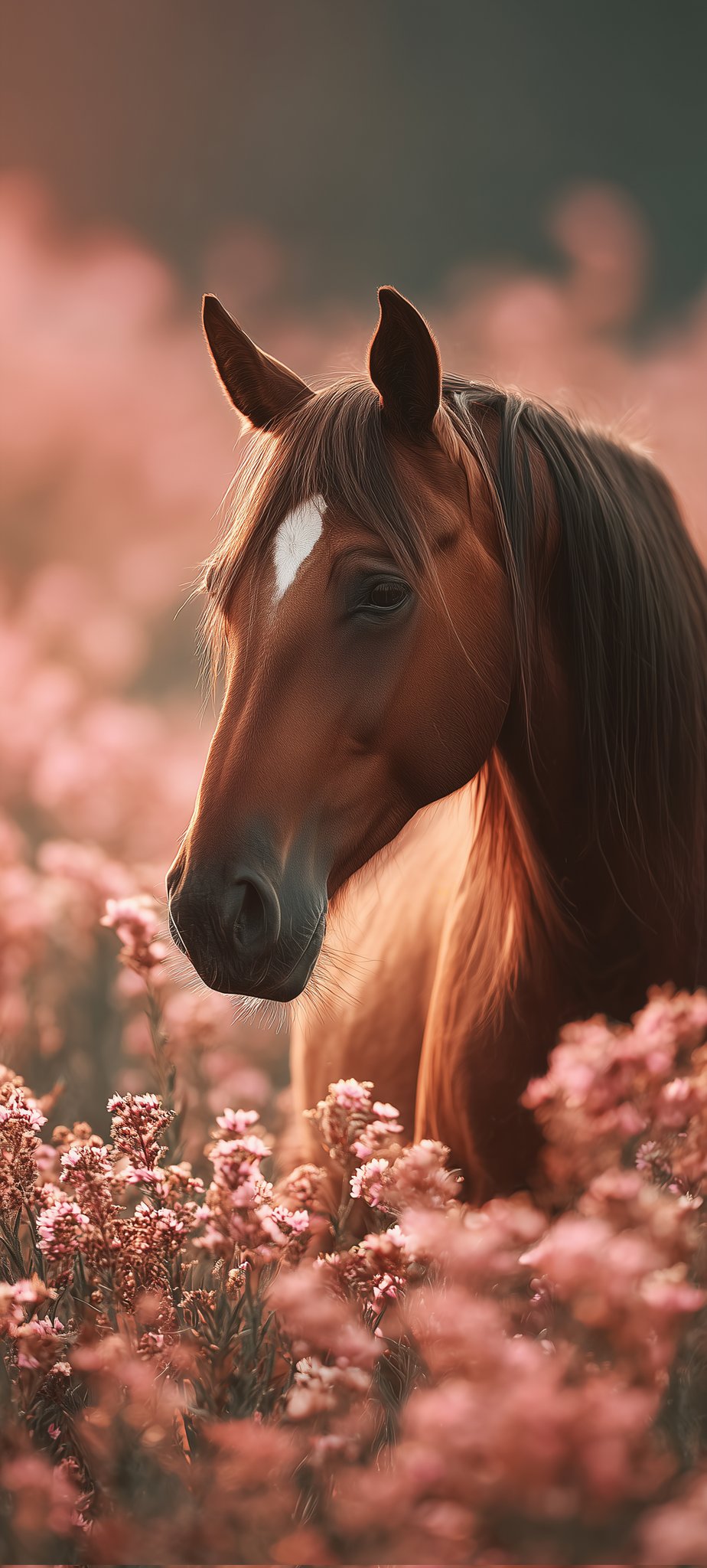 Dreamy Horse Portrait in Soft Pink Floral Meadow Background 4K