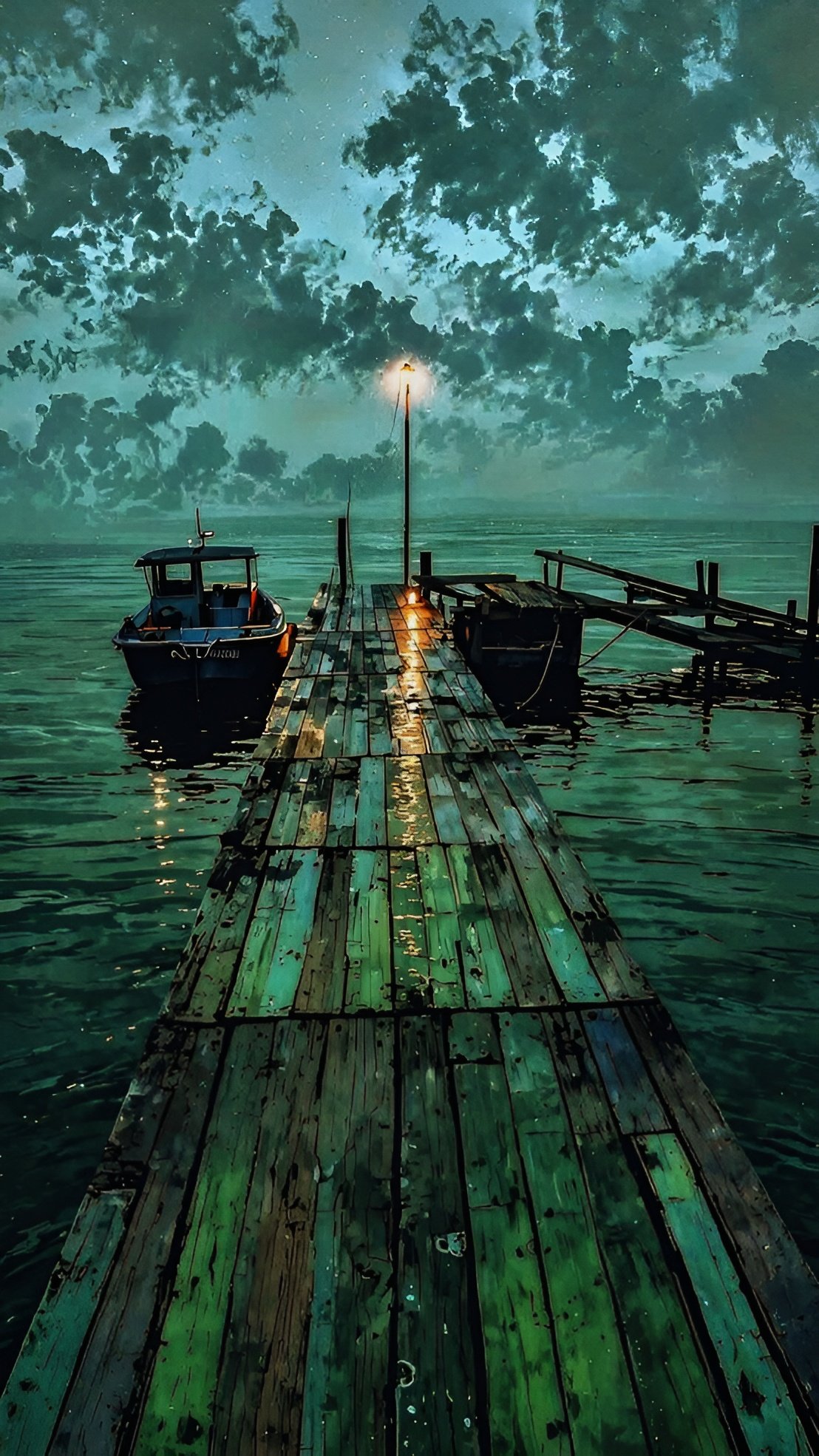 Dreamy Teal Sea Night Landscape – Aesthetic Painting Style Wallpaper 4K
