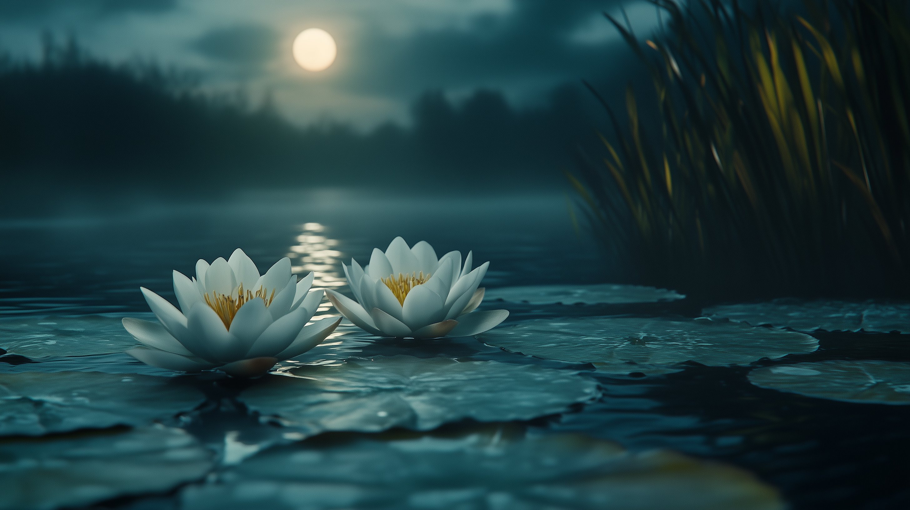 Dark Moody Nature Wallpaper  Beautiful Water Lilies under Full Moon
