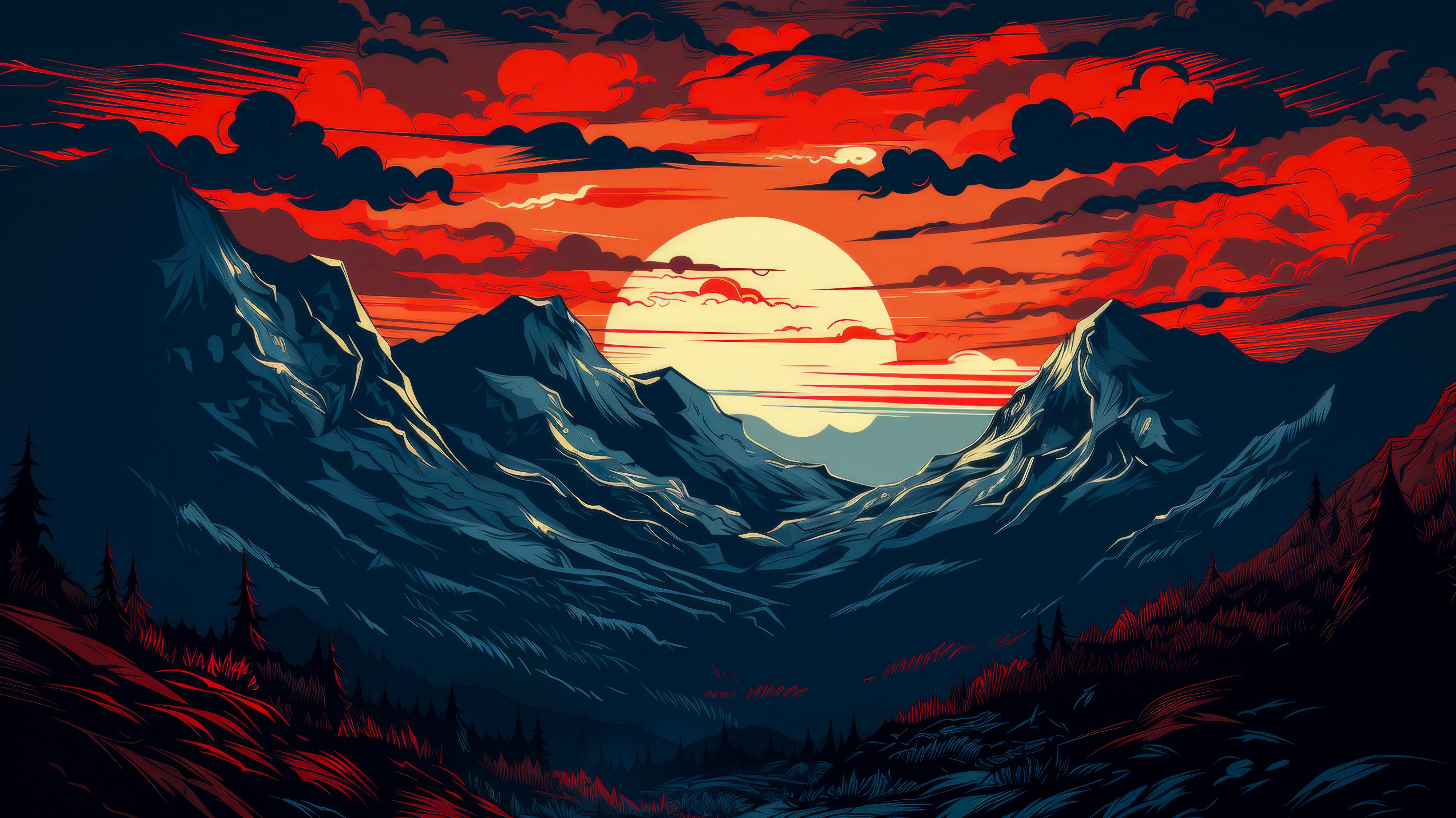 Anime Style Crimson Sunset Mountains – Graphic Art PC Wallpaper HD