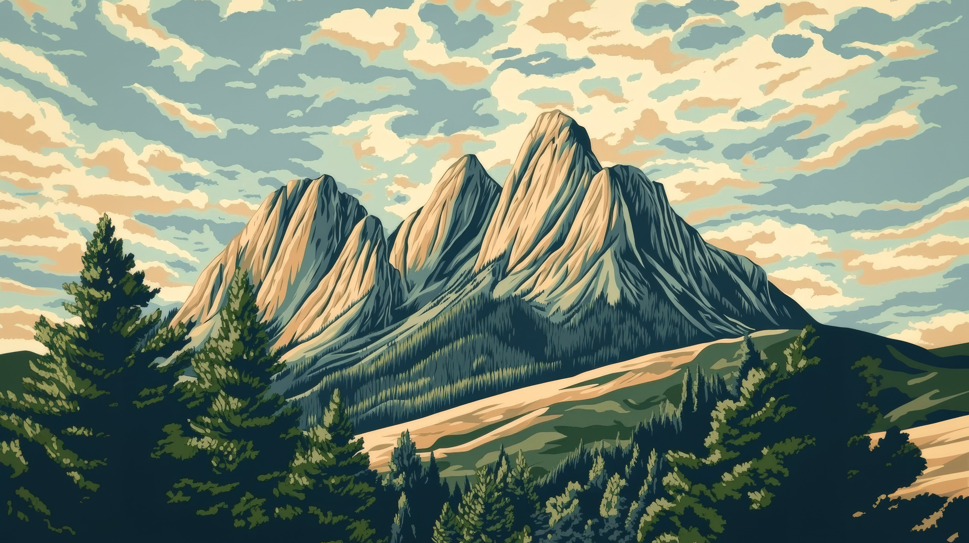 Clean Comic Style Mountain Valley Landscape – High Resolution Laptop Wallpaper