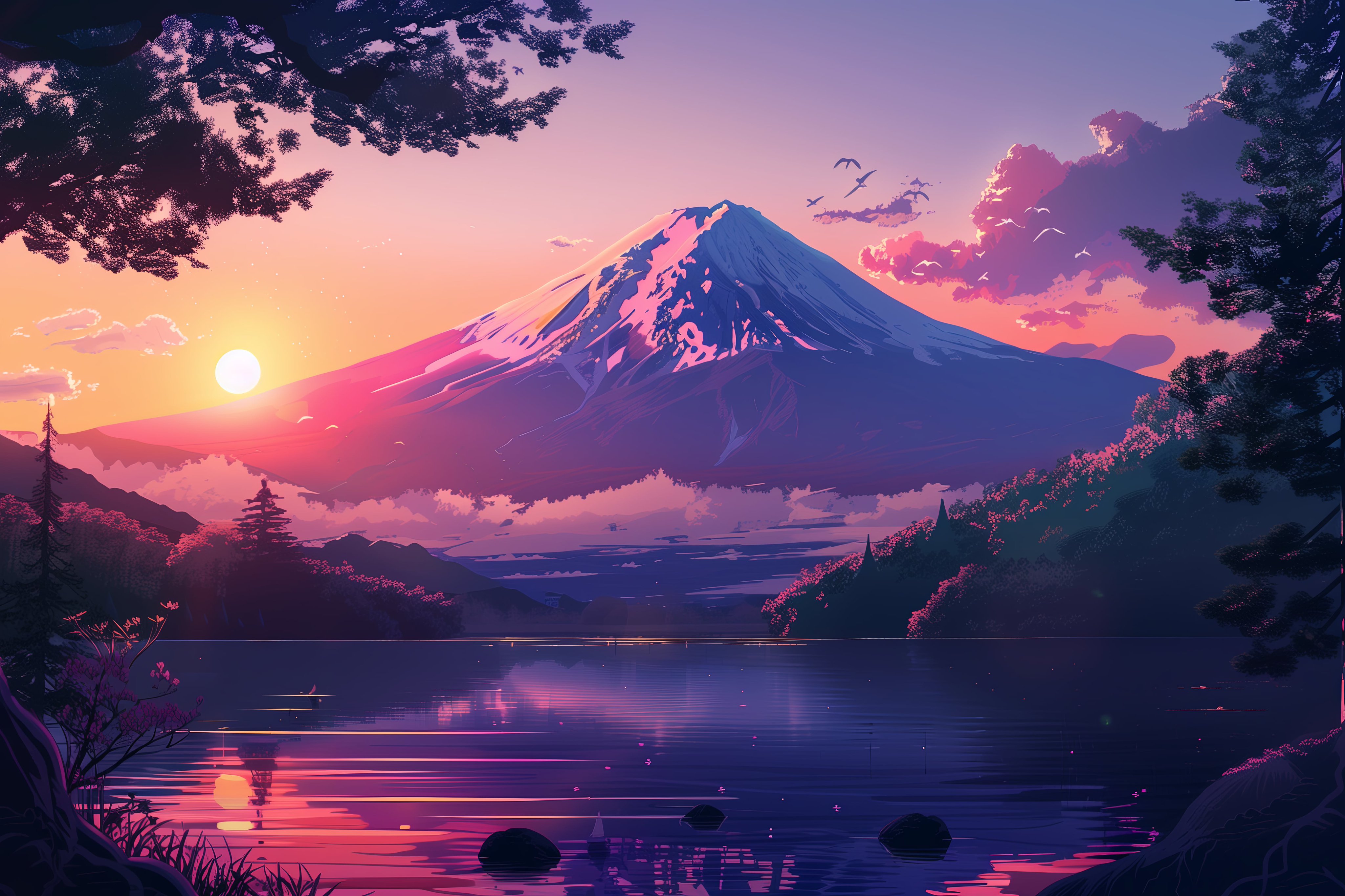 Anime Style Mount Fuji Landscape – Aesthetic Purple Sunset PC Wallpaper HD