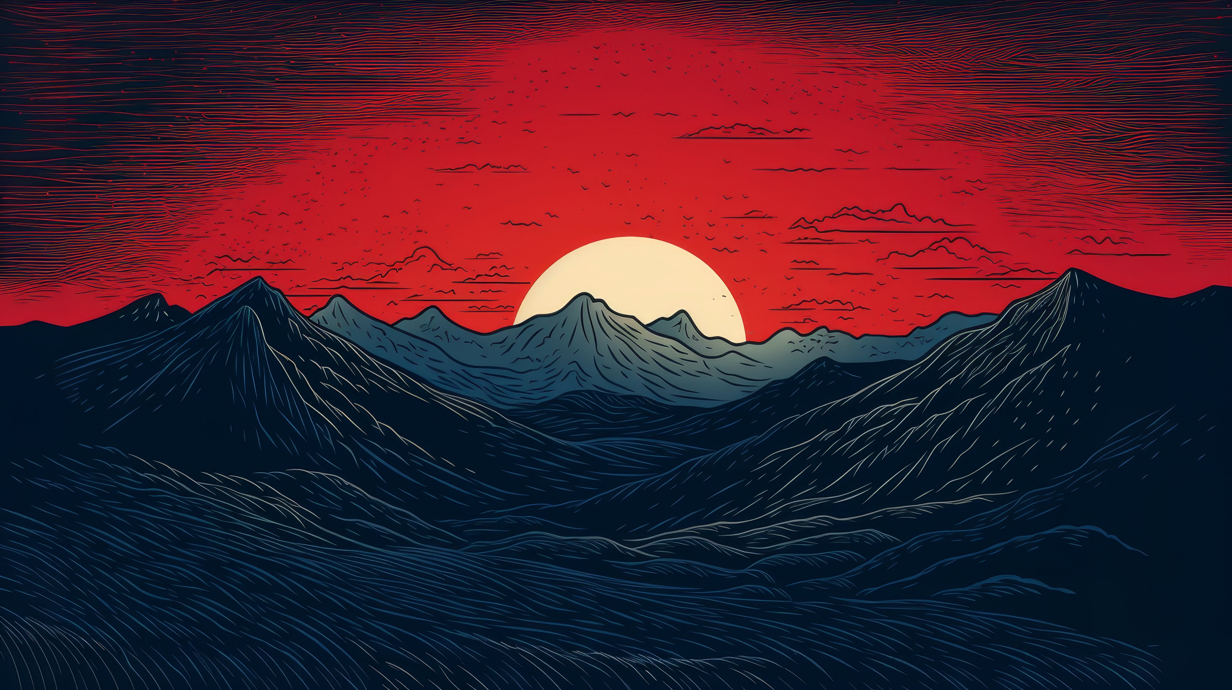 Epic Red and Dark Blue Mountain Ridge – Aesthetic Gaming Desktop Background