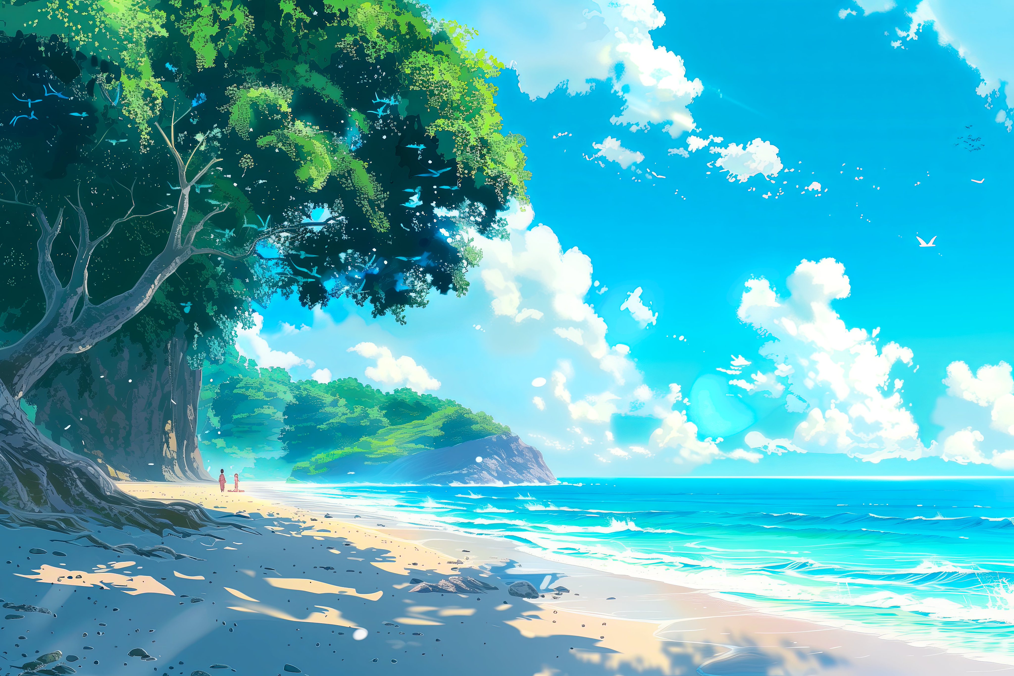 Ghibli Style Scenic Tropical Beach – Aesthetic Blue Sea PC Wallpaper HD