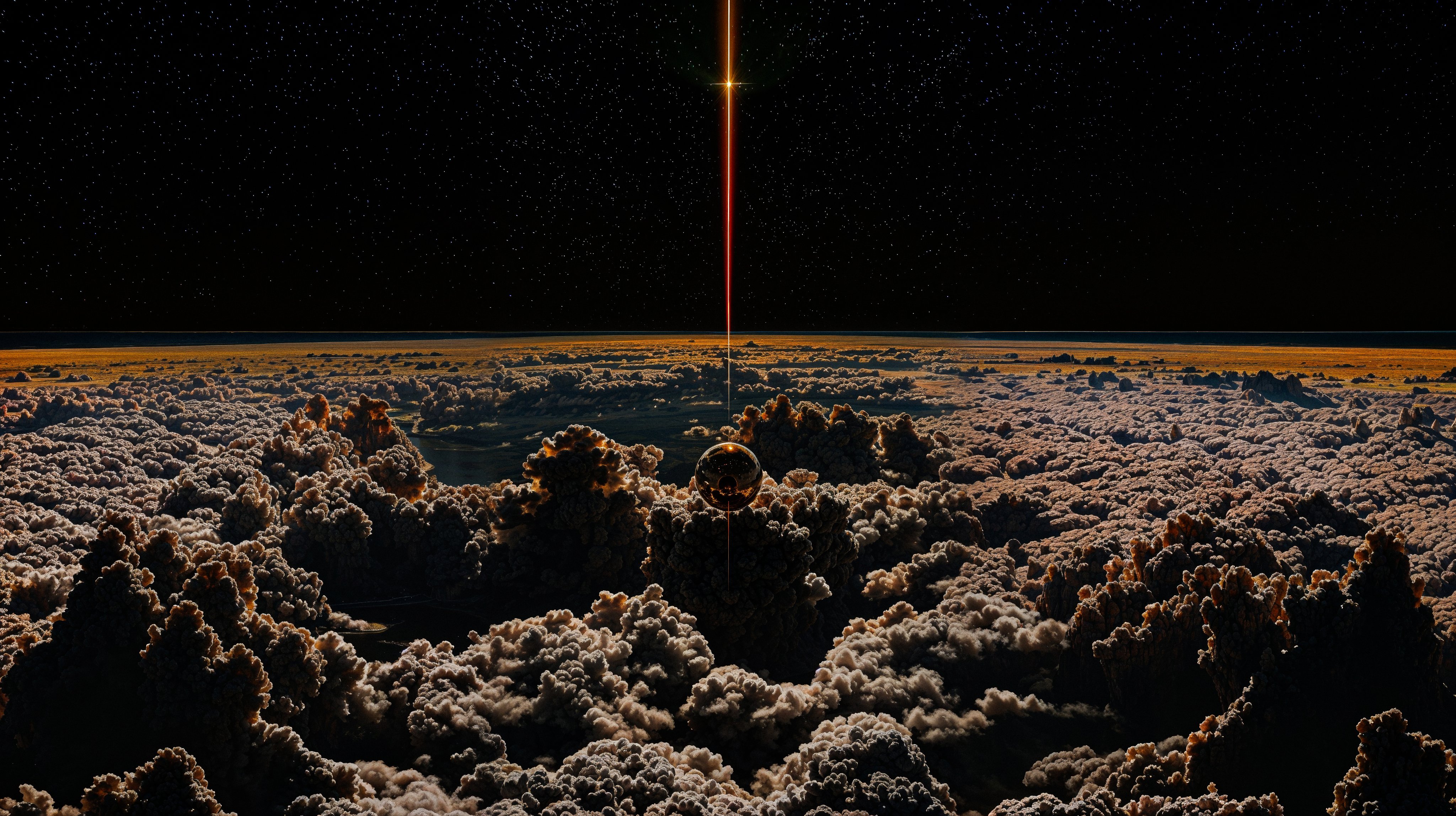 Mysterious Metallic Orb over Dramatic Cloudscape – Abstract Sci-Fi Laptop Wallpaper