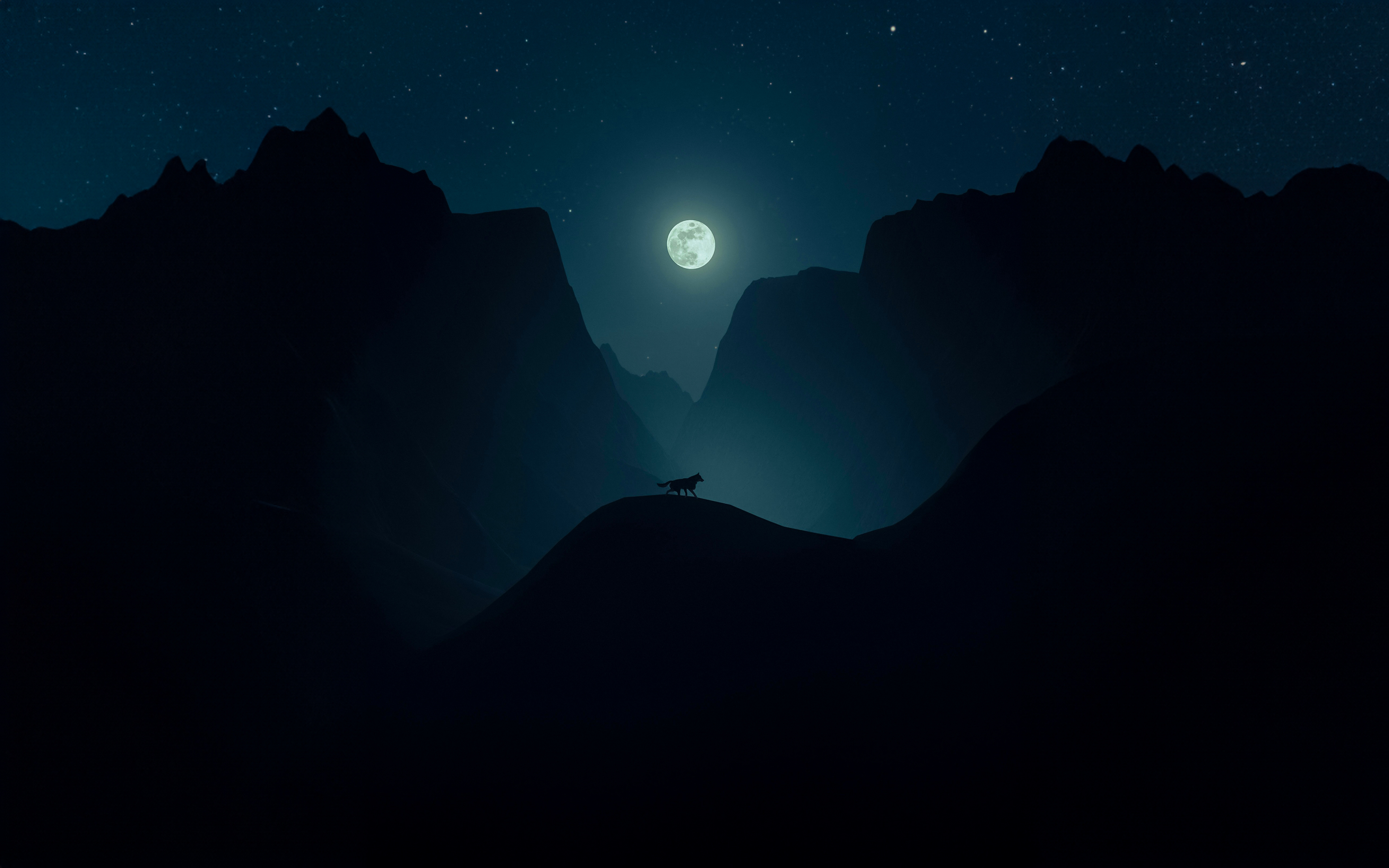 Minimalist Starry Night Sky and Full Moon Wolf – Clean Laptop Wallpaper