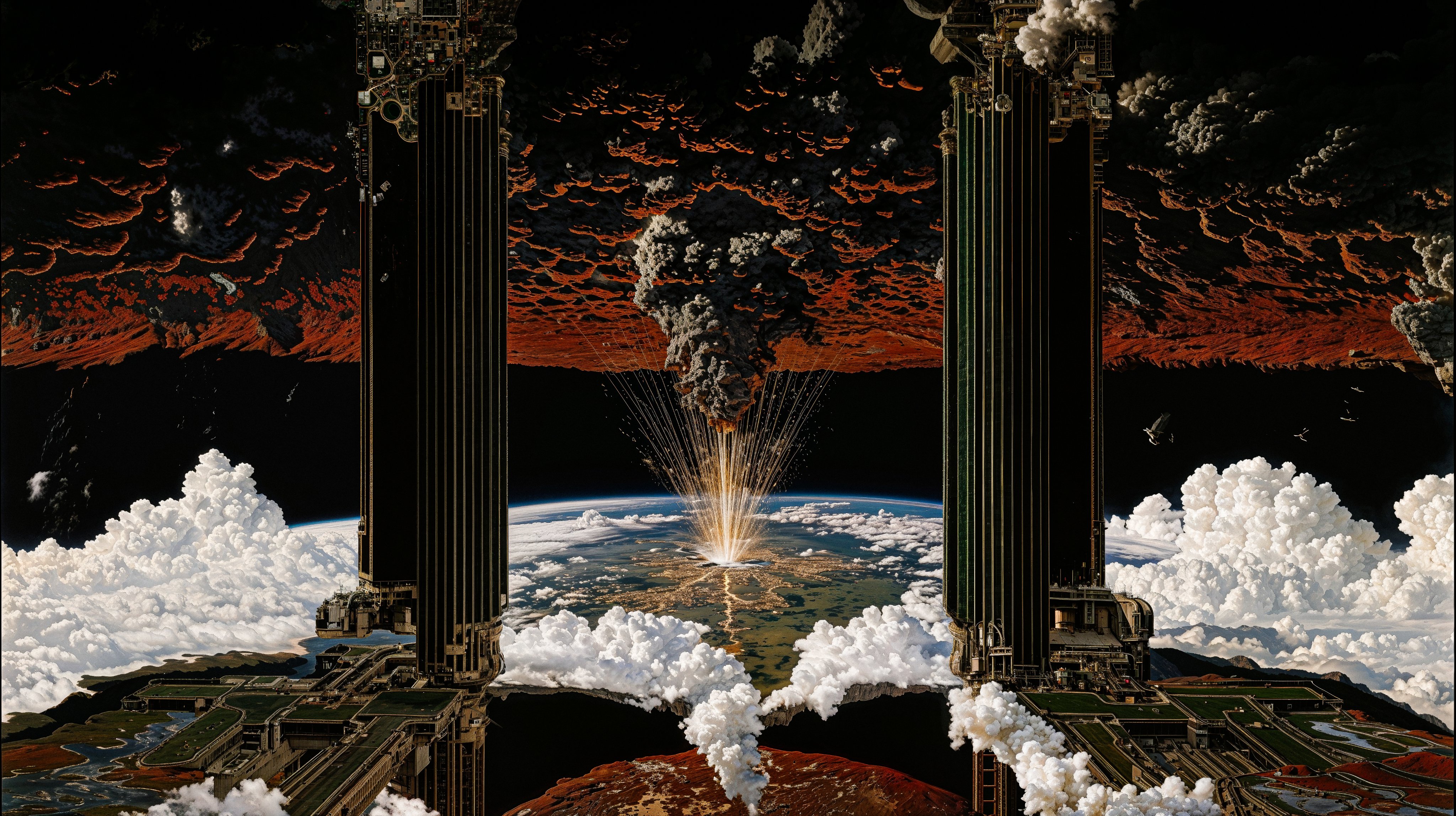 Dystopian Orbital Strike over Clouds and Continent – High Resolution Sci-Fi Wallpaper