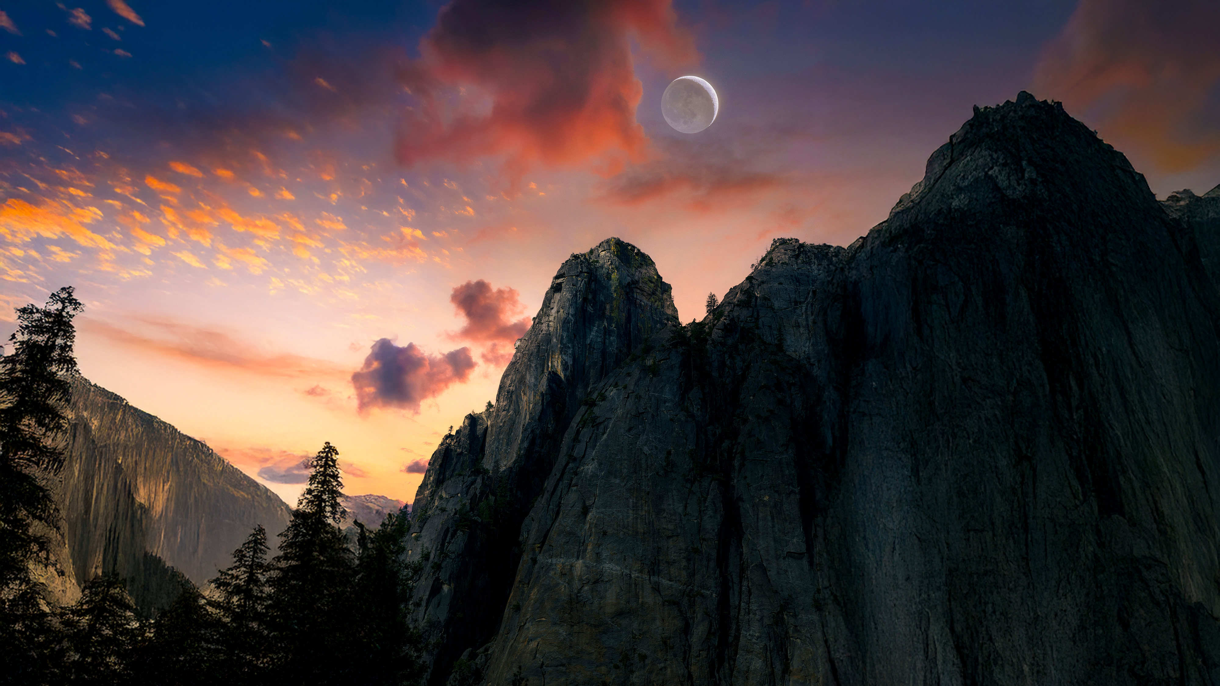Cinematic Golden Hour Wilderness with Glowing Moon – High Resolution Desktop Background