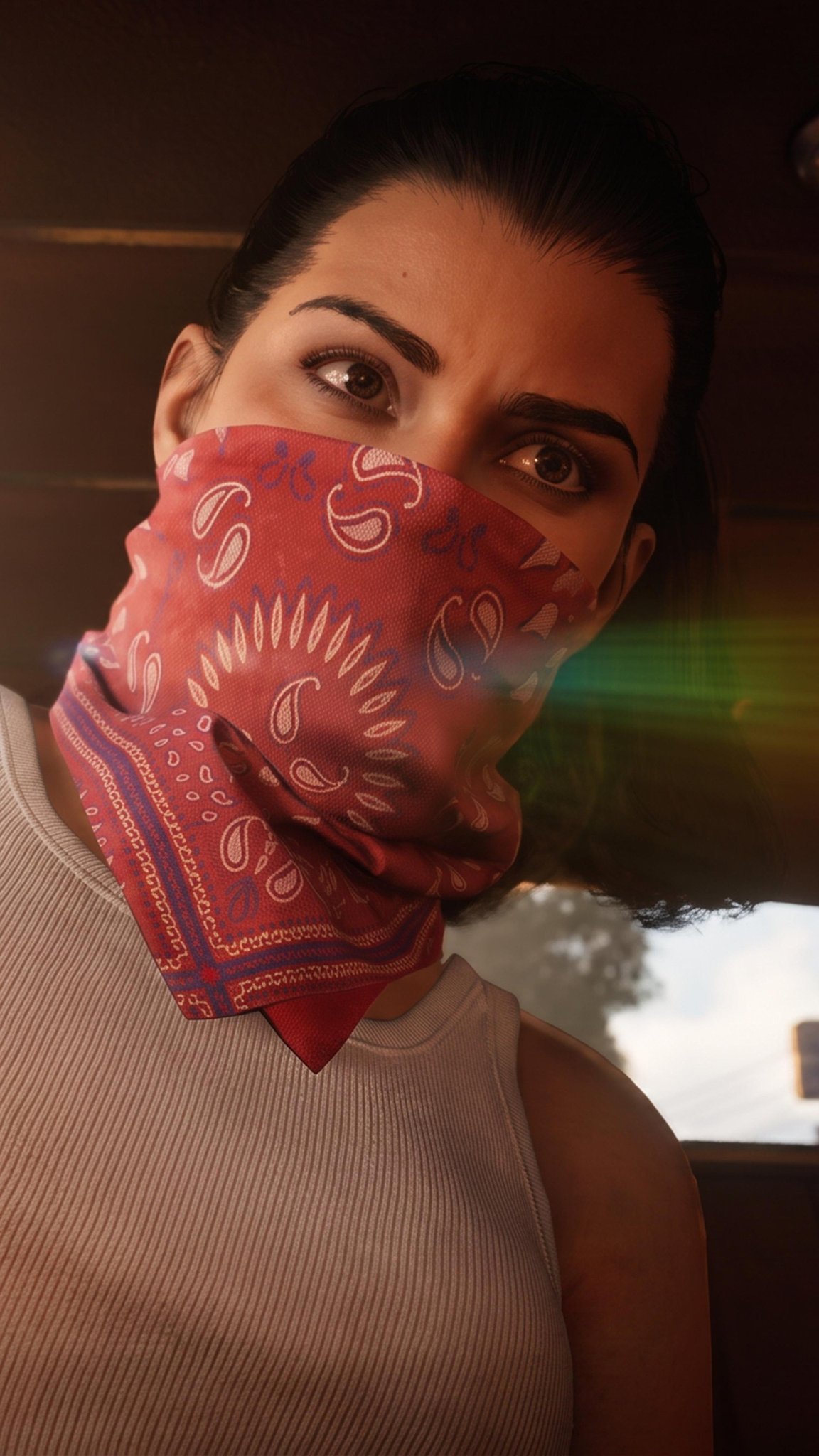 Grand Theft Auto VI Lucia Red Bandana Mask – Mobile Background HD