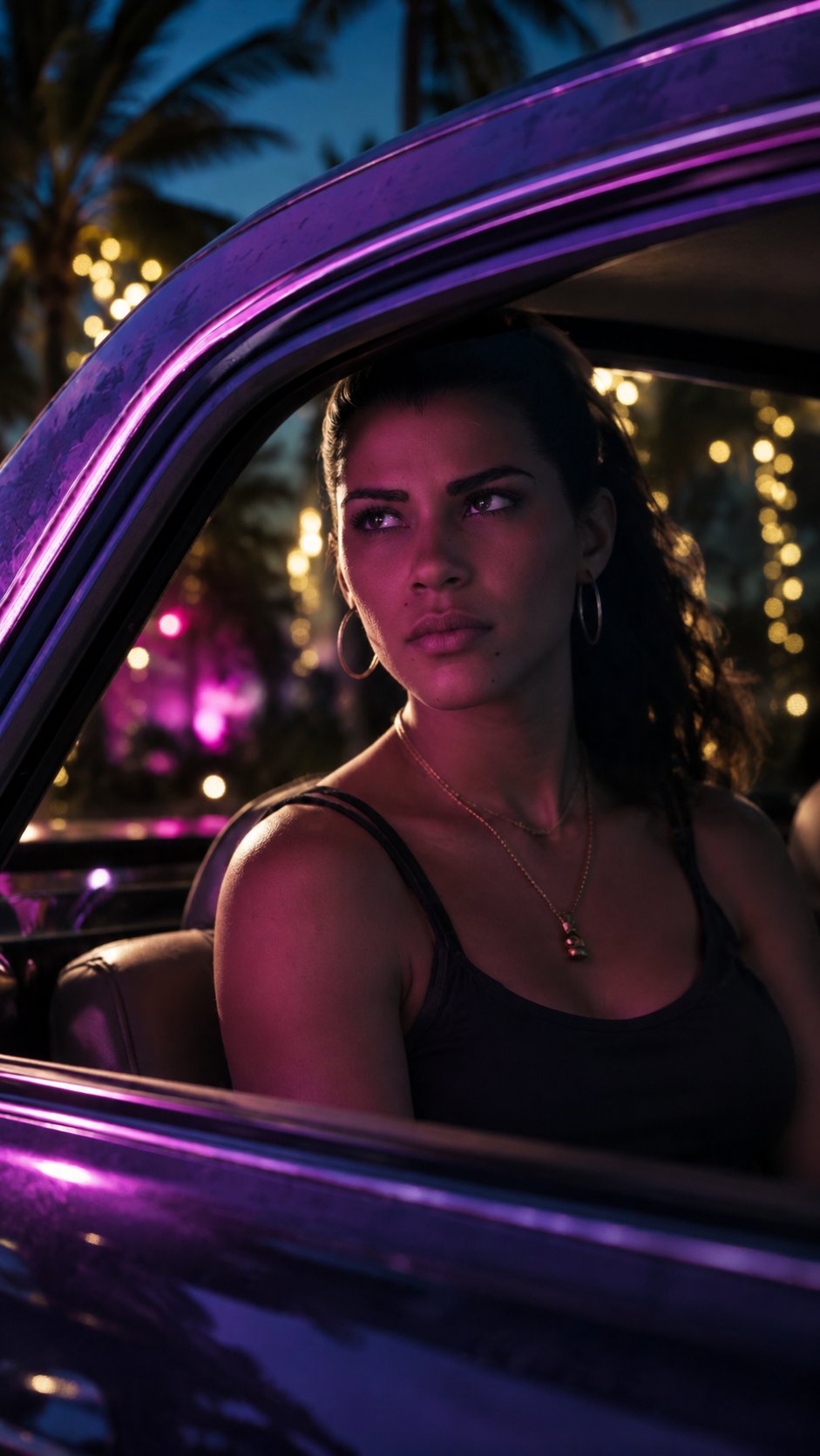 Woman in Car Illuminated by Neon Lights at Night