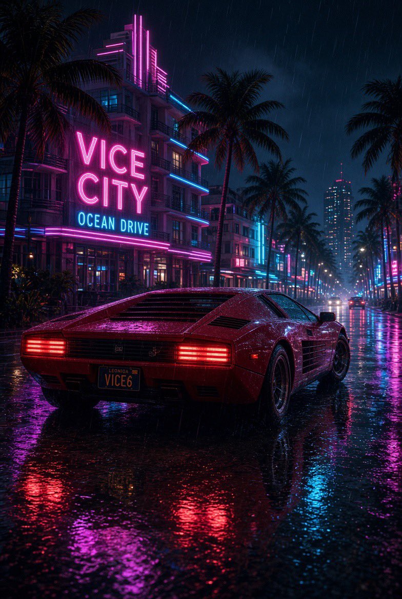 Retro Sports Car in Neon-Lit Vice City