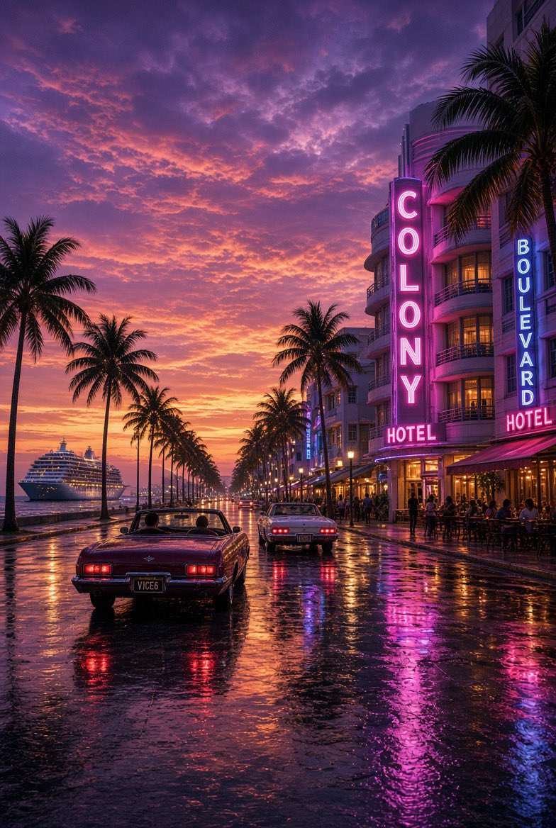 Colorful Sunset Over a Palm-Lined Boulevard