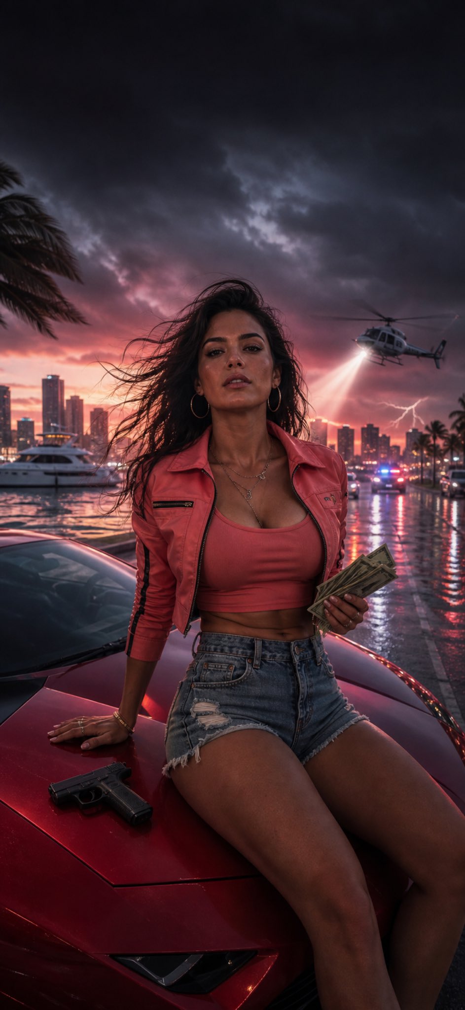 Woman in Pink Jacket on Red Sports Car at Sunset