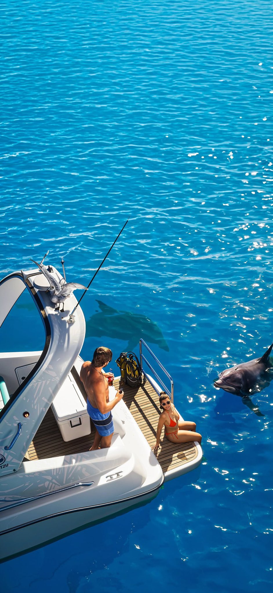 A Yacht on Crystal Clear Waters with a Dolphin