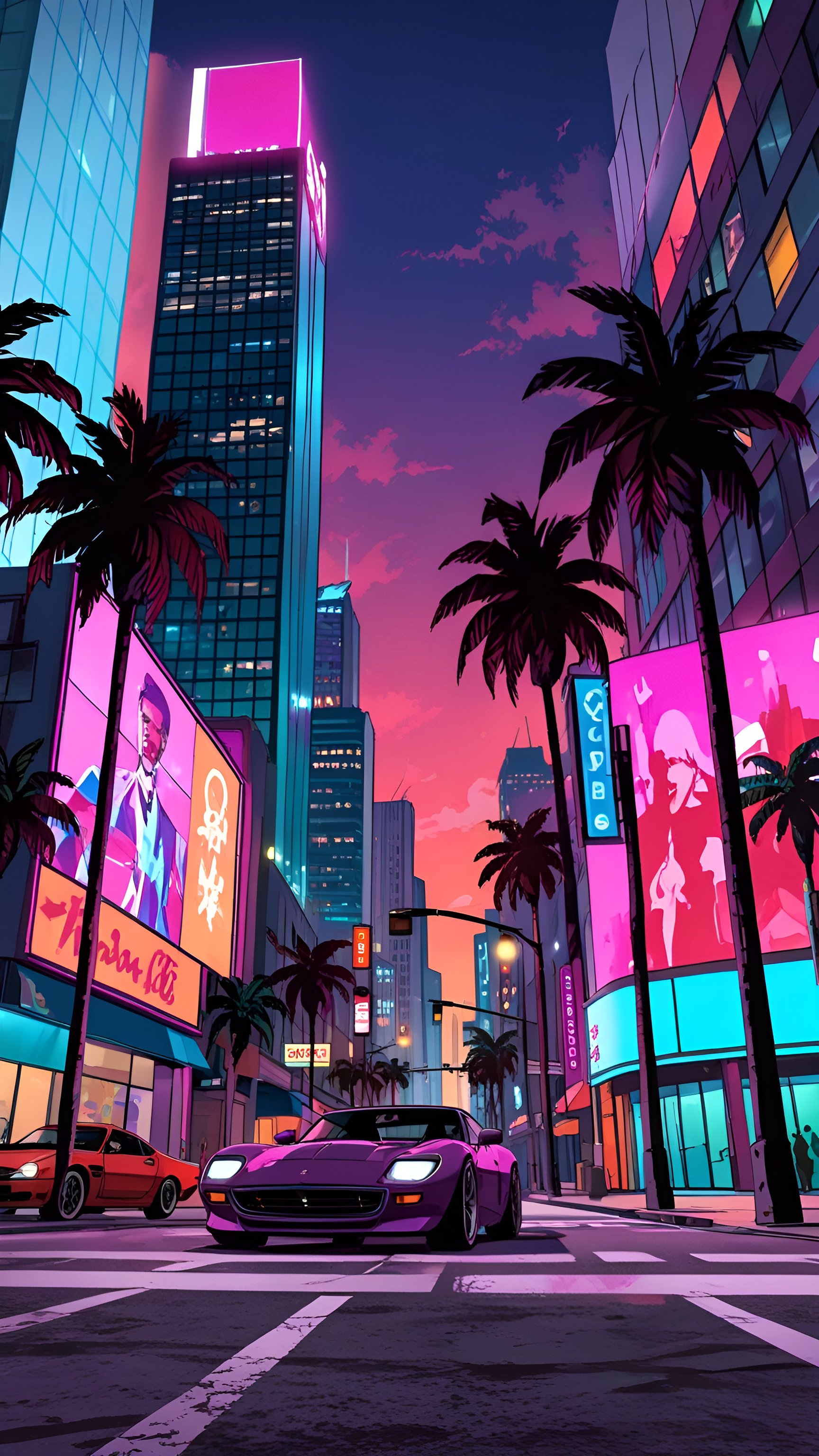 Vibrant Cityscape with Neon Lights and Palm Trees