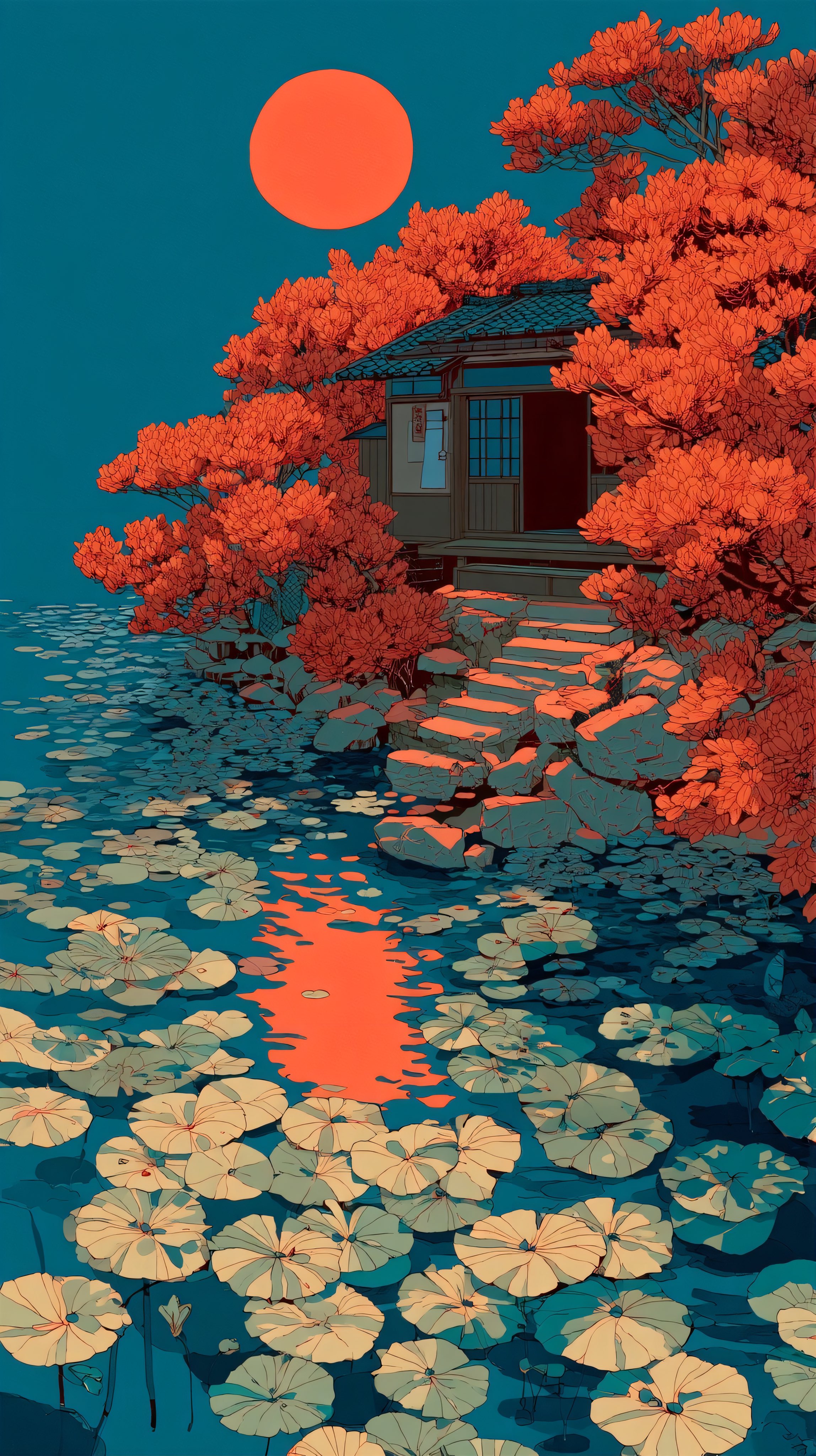 Traditional House Surrounded by Autumn Foliage and Water Lilies