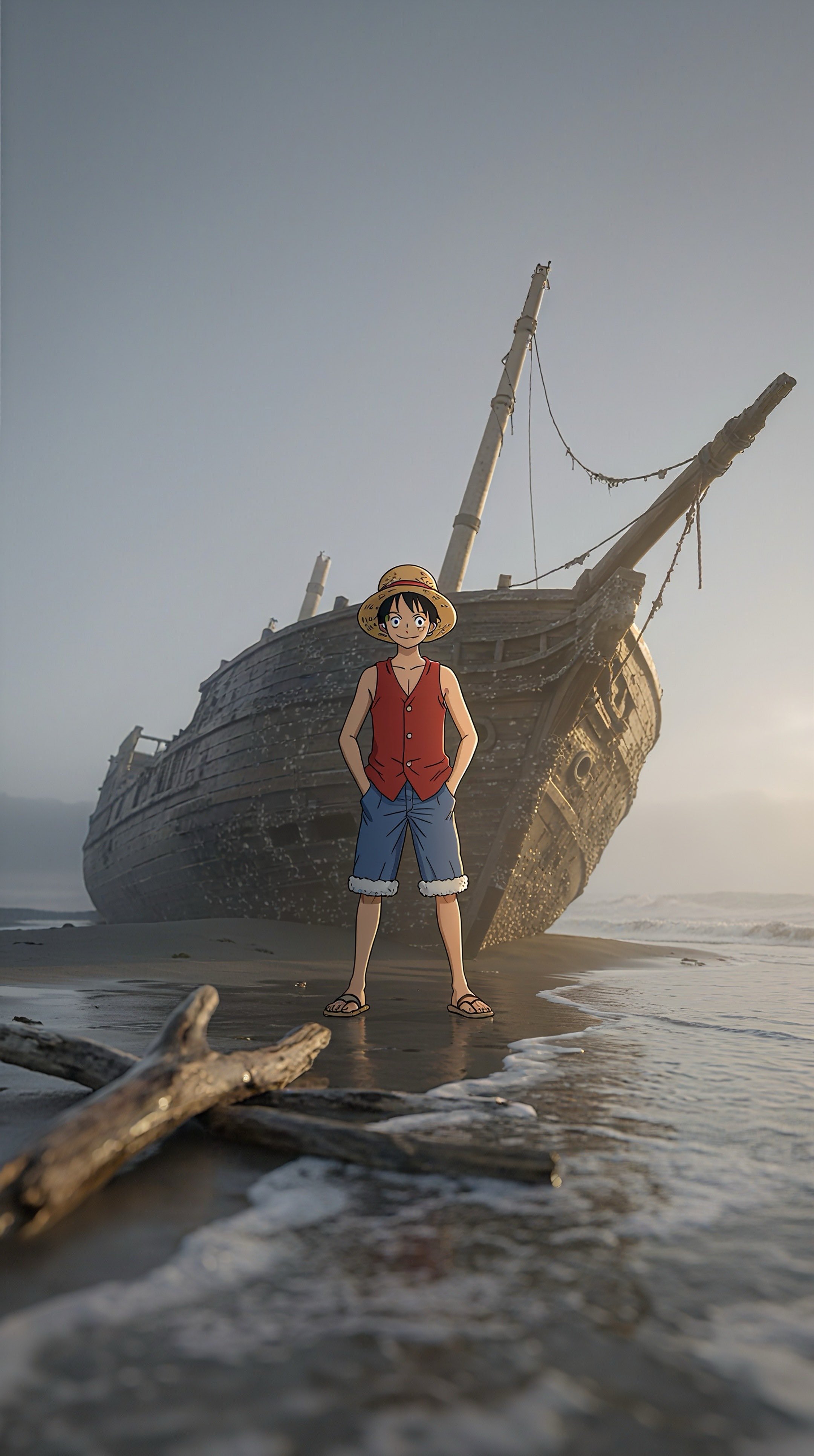 Anime Character Standing Near a Shipwreck on the Shore