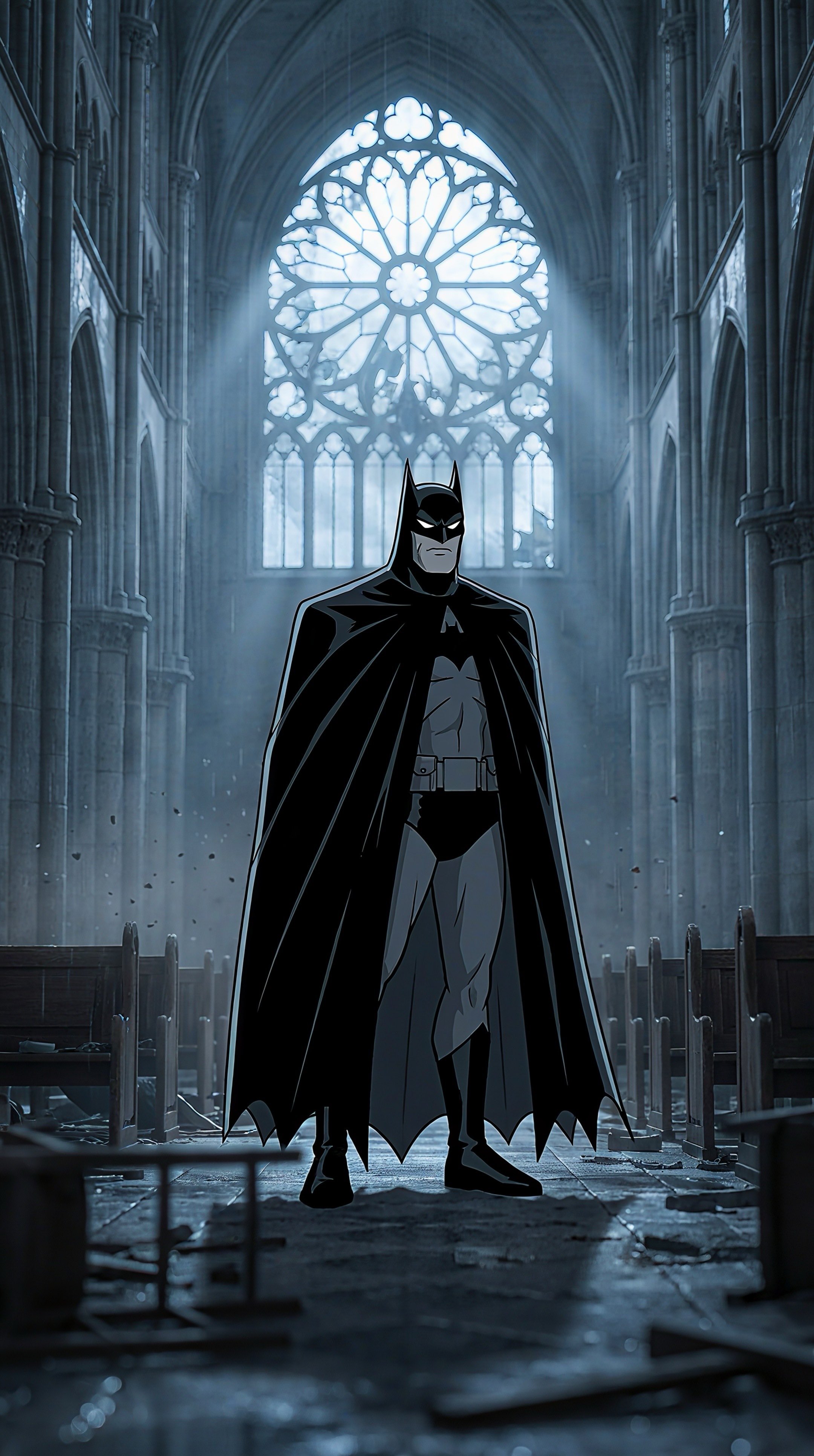 Batman Standing in a Dimly Lit Cathedral